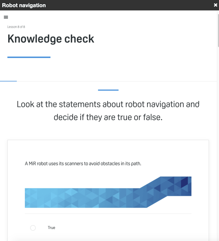 sample knowledge check question from MiR Academy