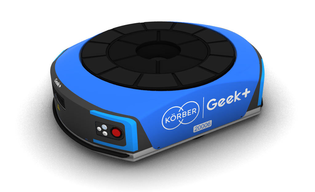 Geek+ robot with both Geek+ and Korber logos on it