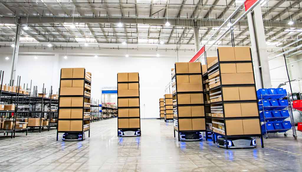 Geek+ robots move shelves in a goods-to-person application in a warehouse