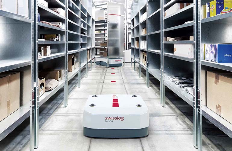 Swisslog CarryPick AMR in a warehouse aisle
