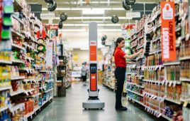 Simbe Tally robot in a Hyvee grocery aisle