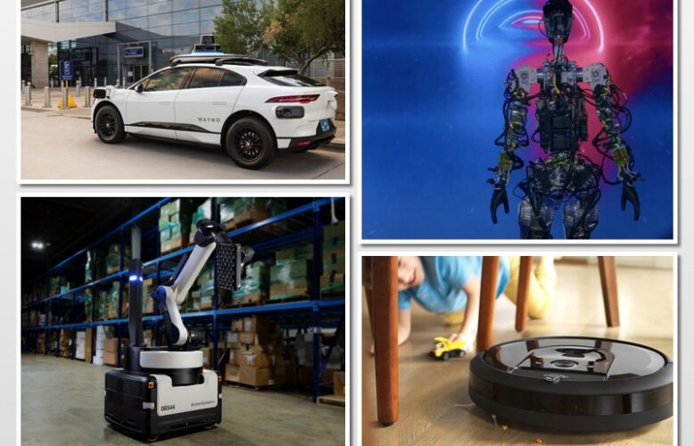 a collage of robot images that includes a waymo vehicle, the Tesla bot humanoid robot, the Boston Dynamics Stretch robot and an irobot vacuum cleaner.