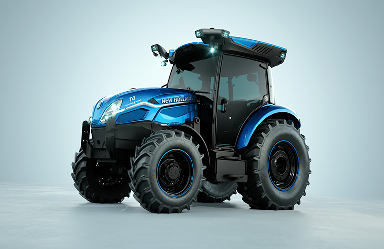 hero image of a blue painted New Holland T4 tractor featuring cameras attached along the roof of the tractor for autonomous driving.