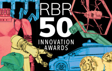 RBR50 2023 innovation awards header image featuring a colorful array of different types of robots superimposed over the RBR50 logo.