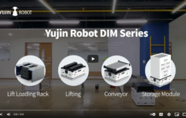 an illustration of the Yujin robot DIM series that includes a lift loading rack a lifting robot a conveyor and storage module.
