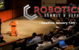 header image for the robotics summit and expo with a speaker on stage.