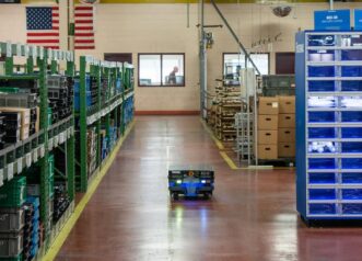 mobile robot moving around a warehouse