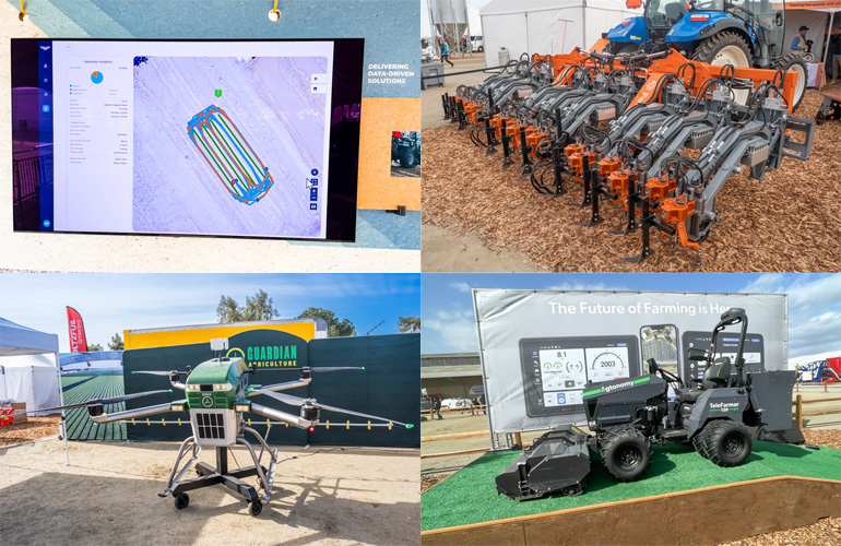 a collage of images of robotic products from the world ag expo.