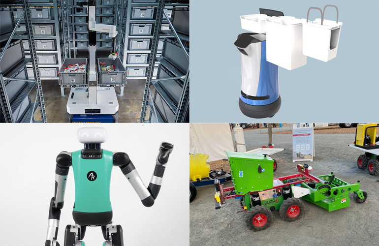 collage of mobile robots including Brightpic autopicker, Relay2 AMR, Agility Robotics Digit and Burro.